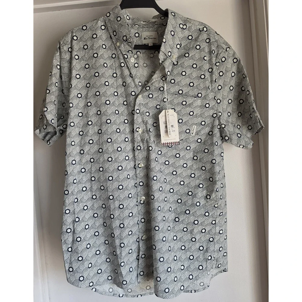 NWT Ben Sherman Button-Up Shirt Mens L Blue White Geometric Short Sleeve Cotton